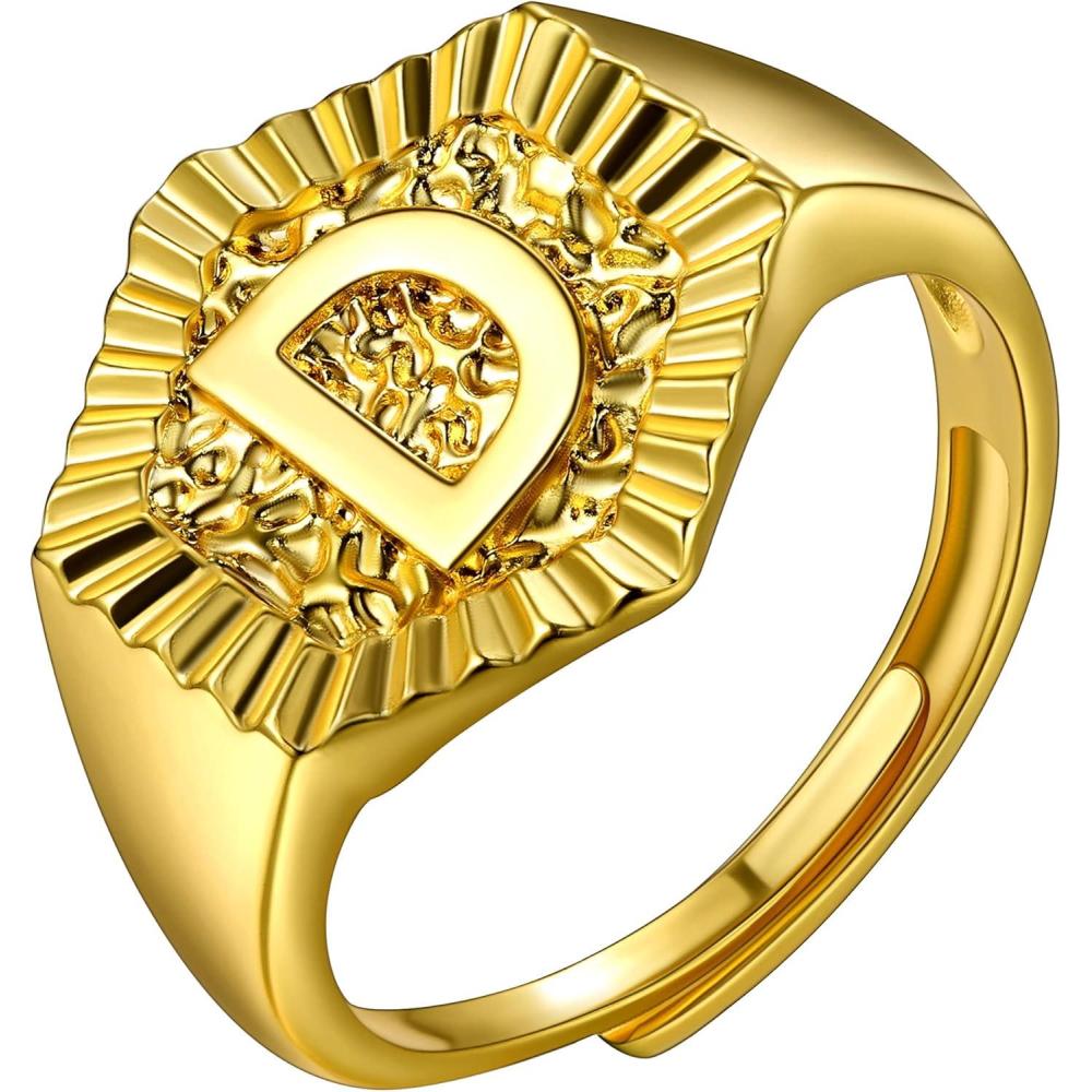 imageU7 Initial Ring Wedding Band for Men Women 18K Gold Plated Statement Hexagon AZ Letter Jewelry Personalized Stackable Signet RingsD
