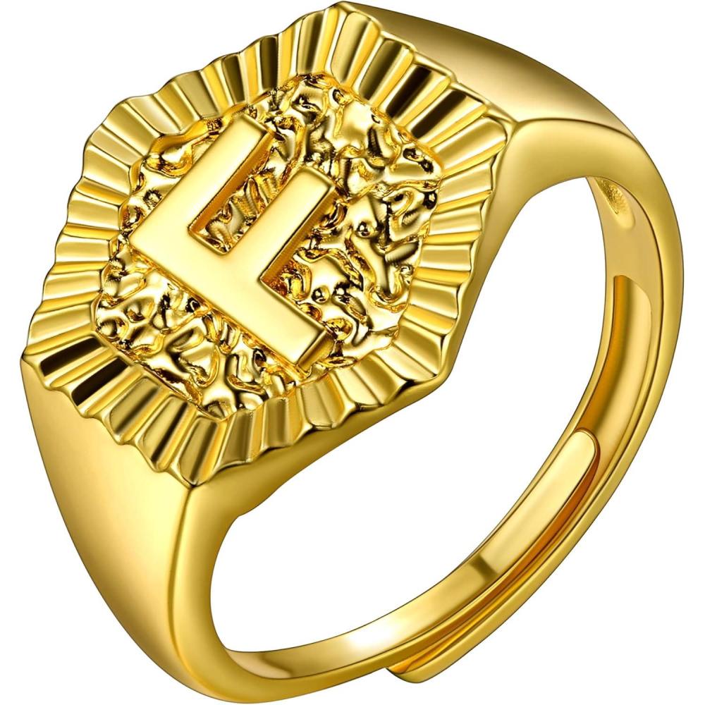 imageU7 Initial Ring Wedding Band for Men Women 18K Gold Plated Statement Hexagon AZ Letter Jewelry Personalized Stackable Signet RingsF