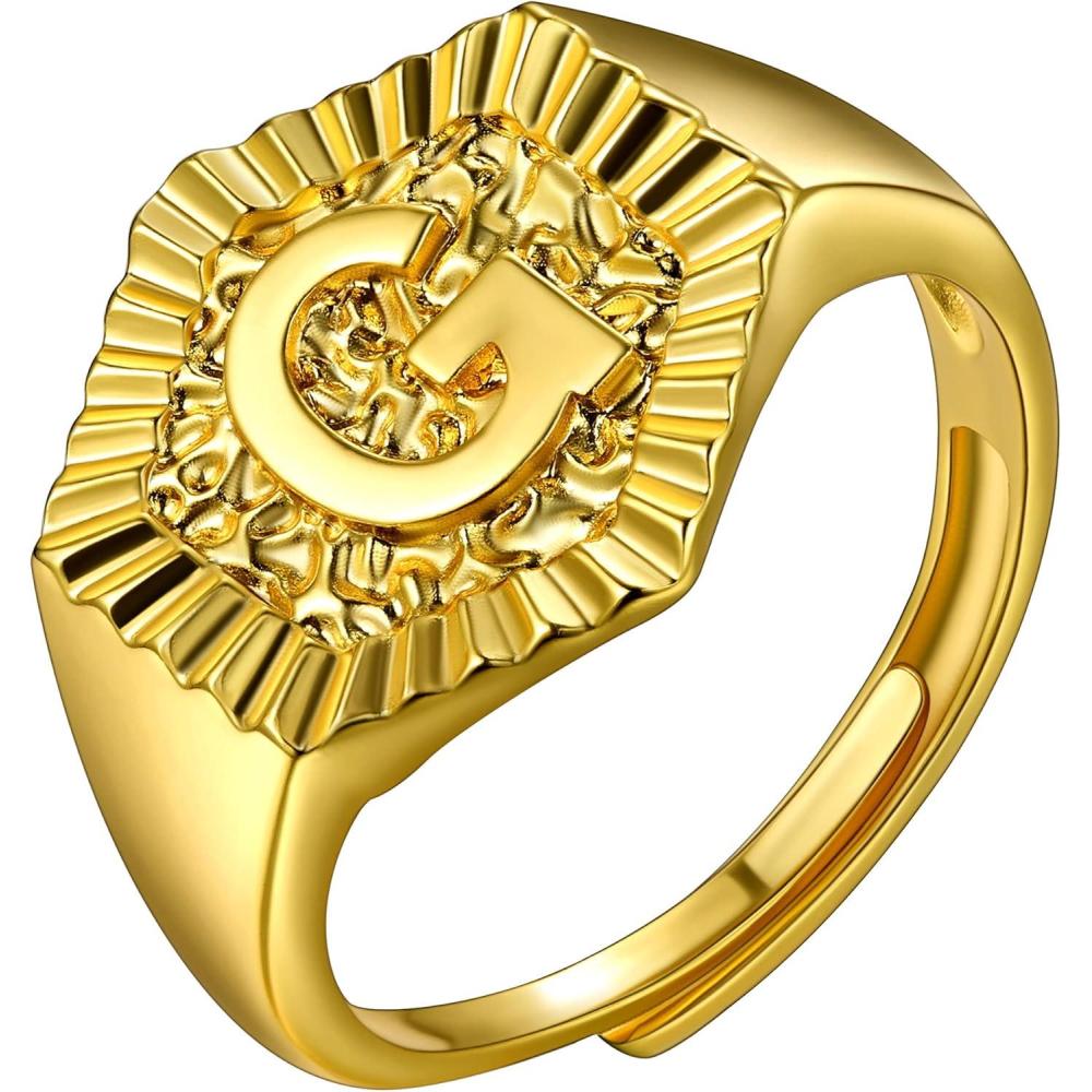 imageU7 Initial Ring Wedding Band for Men Women 18K Gold Plated Statement Hexagon AZ Letter Jewelry Personalized Stackable Signet RingsG