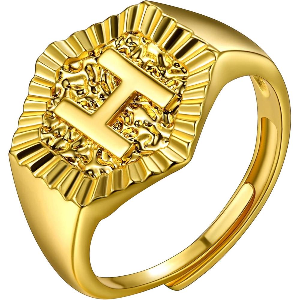 imageU7 Initial Ring Wedding Band for Men Women 18K Gold Plated Statement Hexagon AZ Letter Jewelry Personalized Stackable Signet RingsH
