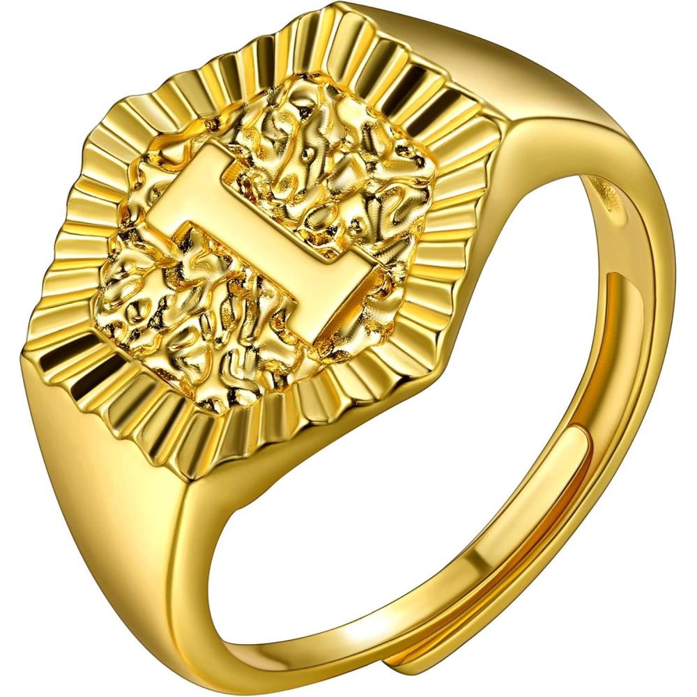 imageU7 Initial Ring Wedding Band for Men Women 18K Gold Plated Statement Hexagon AZ Letter Jewelry Personalized Stackable Signet RingsI