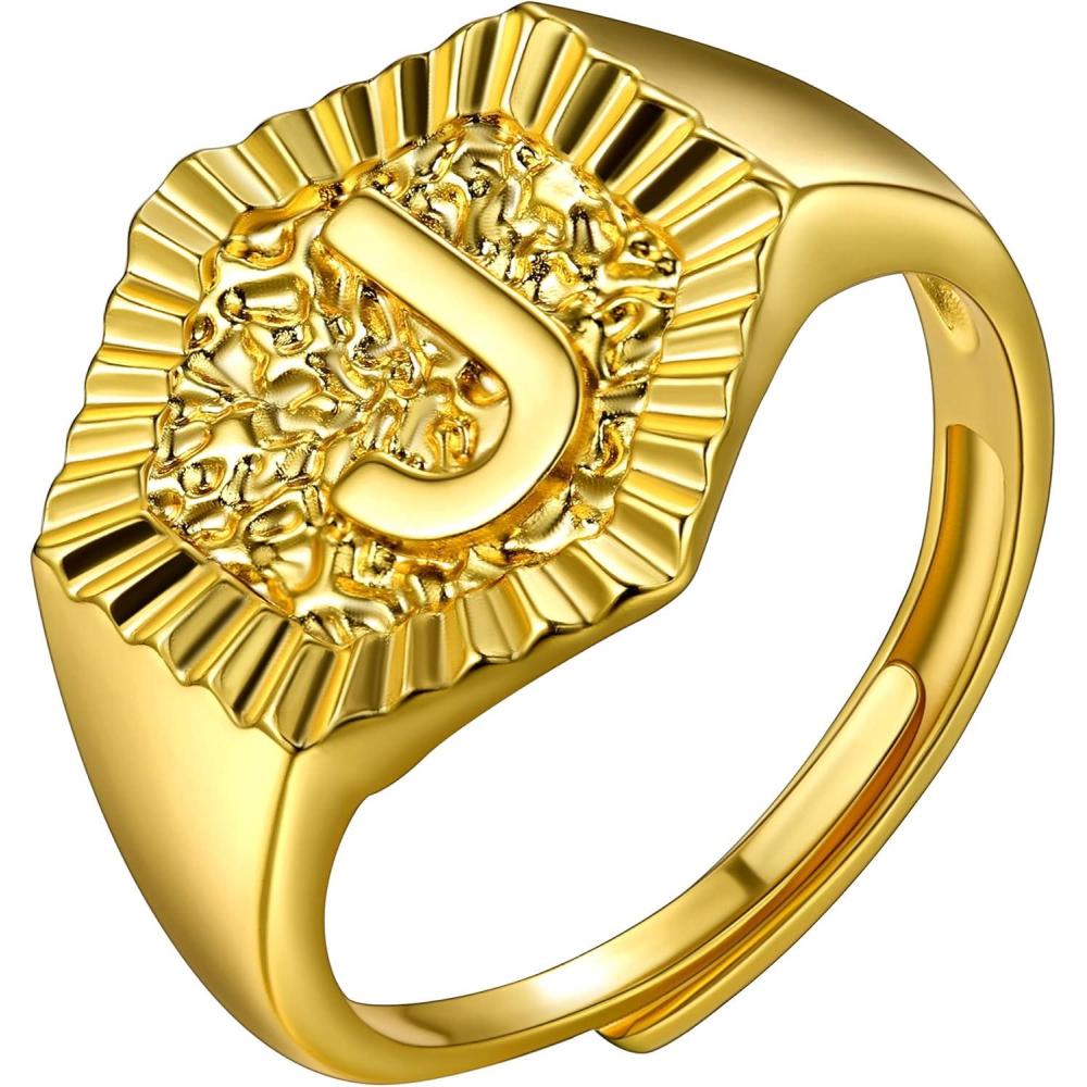 imageU7 Initial Ring Wedding Band for Men Women 18K Gold Plated Statement Hexagon AZ Letter Jewelry Personalized Stackable Signet RingsJ