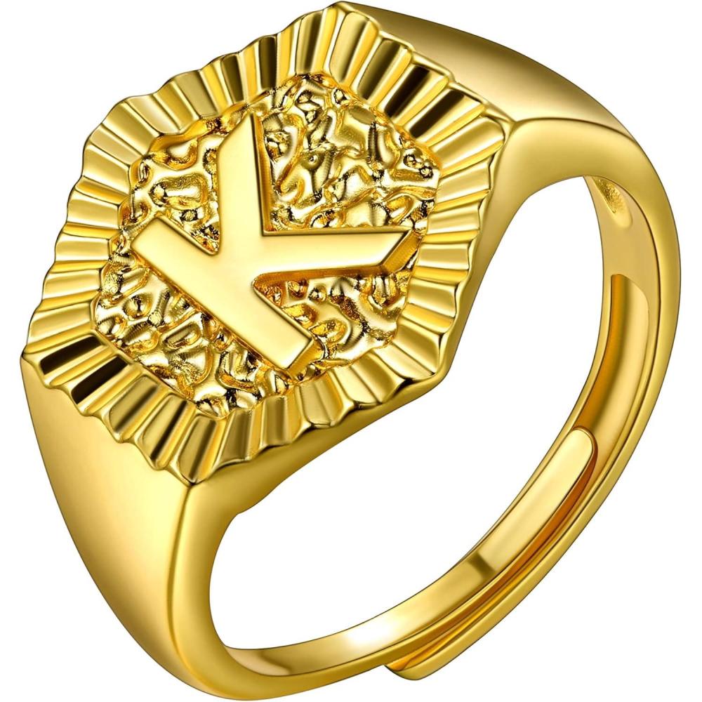 imageU7 Initial Ring Wedding Band for Men Women 18K Gold Plated Statement Hexagon AZ Letter Jewelry Personalized Stackable Signet RingsK