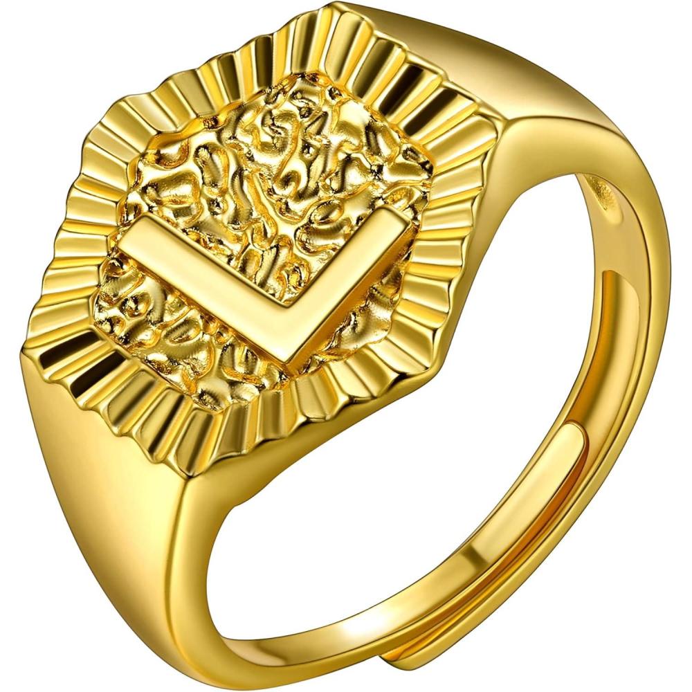 imageU7 Initial Ring Wedding Band for Men Women 18K Gold Plated Statement Hexagon AZ Letter Jewelry Personalized Stackable Signet RingsL