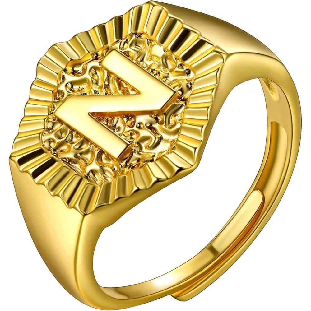 imageU7 Initial Ring Wedding Band for Men Women 18K Gold Plated Statement Hexagon AZ Letter Jewelry Personalized Stackable Signet RingsN