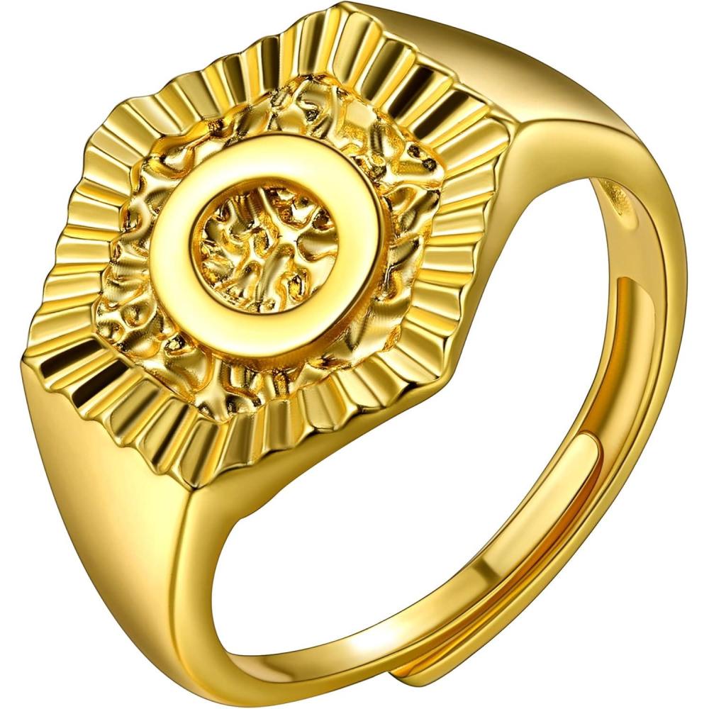 imageU7 Initial Ring Wedding Band for Men Women 18K Gold Plated Statement Hexagon AZ Letter Jewelry Personalized Stackable Signet RingsO