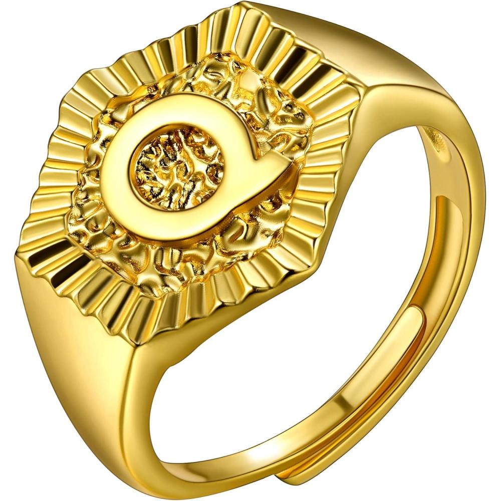 imageU7 Initial Ring Wedding Band for Men Women 18K Gold Plated Statement Hexagon AZ Letter Jewelry Personalized Stackable Signet RingsQ
