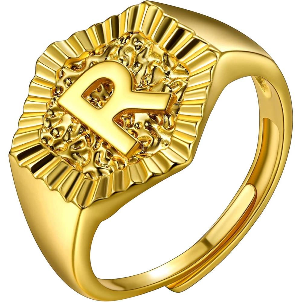 imageU7 Initial Ring Wedding Band for Men Women 18K Gold Plated Statement Hexagon AZ Letter Jewelry Personalized Stackable Signet RingsR