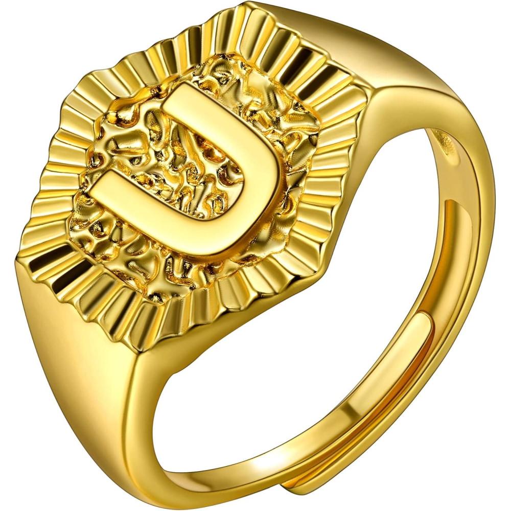 imageU7 Initial Ring Wedding Band for Men Women 18K Gold Plated Statement Hexagon AZ Letter Jewelry Personalized Stackable Signet RingsU