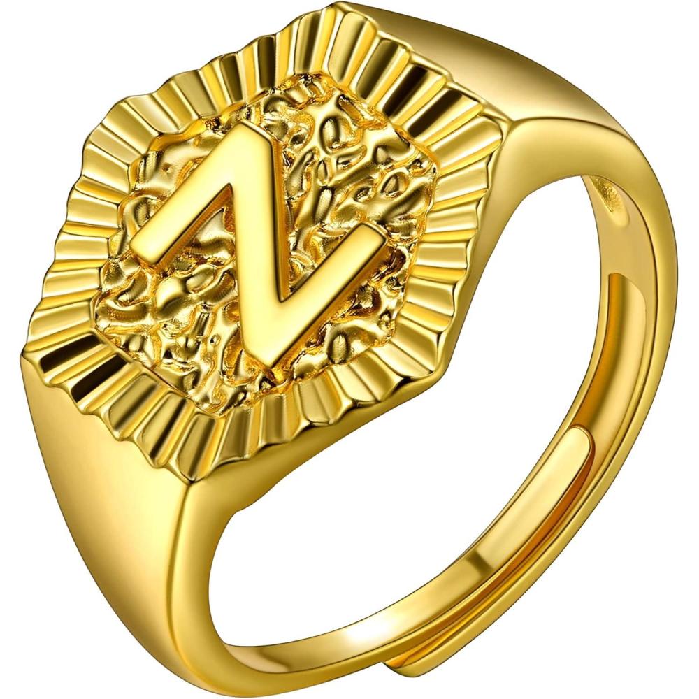 imageU7 Initial Ring Wedding Band for Men Women 18K Gold Plated Statement Hexagon AZ Letter Jewelry Personalized Stackable Signet RingsZ