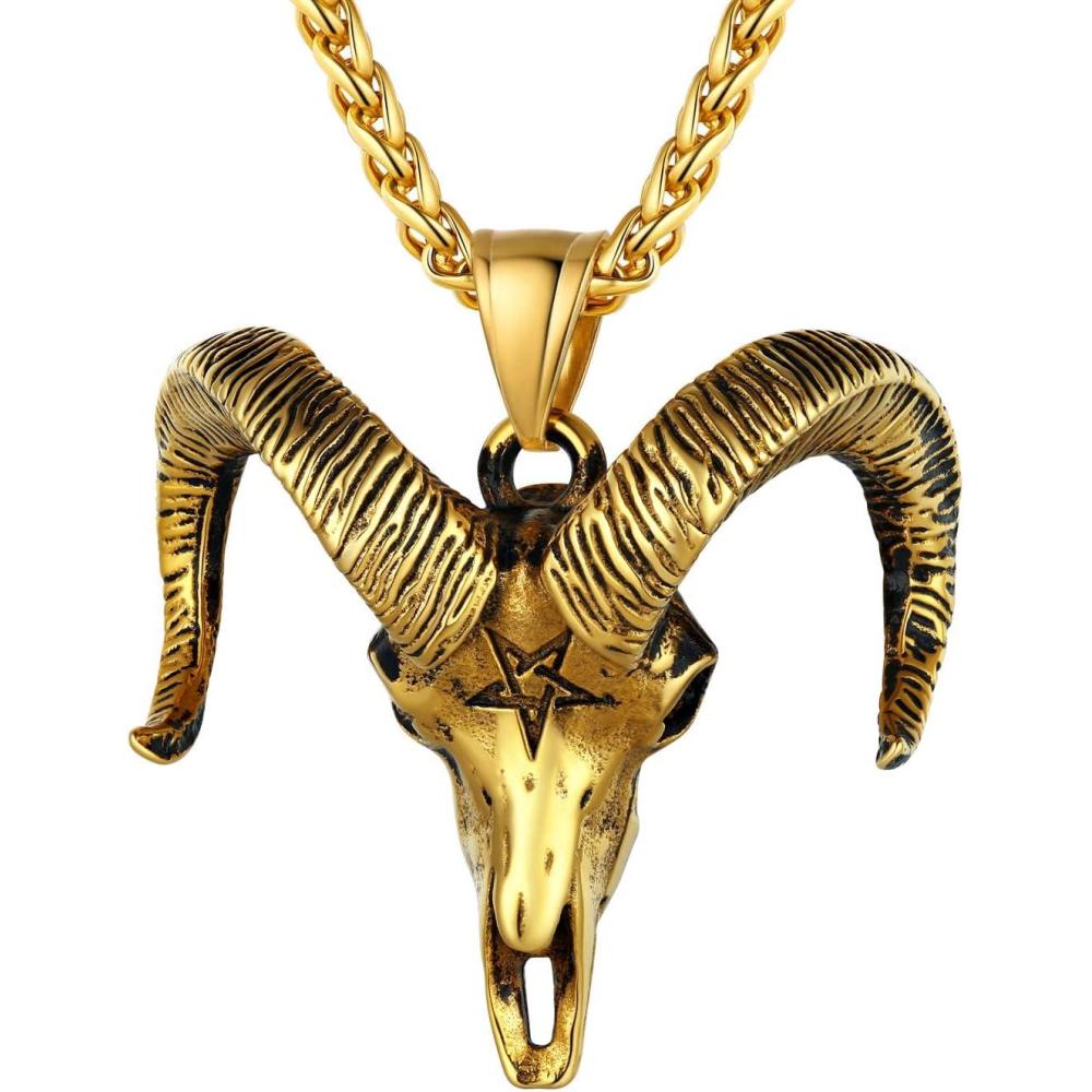 imageU7 Inverted Cross Necklace Upside Down Cross Pendant Stainless Steel Jewelry Devil Necklaces Baphomet Goat Head Pendant for Men WomenAGoat headgold