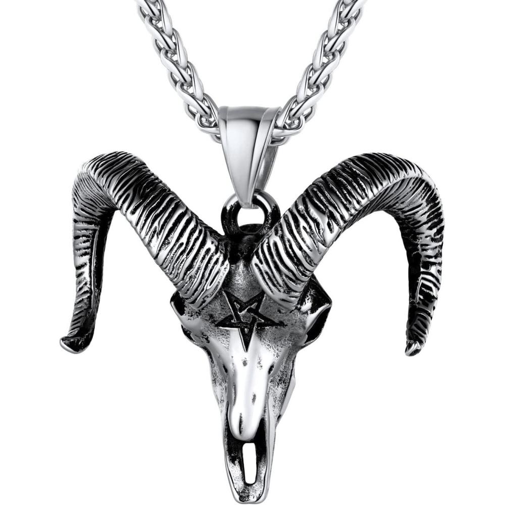 imageU7 Inverted Cross Necklace Upside Down Cross Pendant Stainless Steel Jewelry Devil Necklaces Baphomet Goat Head Pendant for Men WomenAGoat headstainless steel