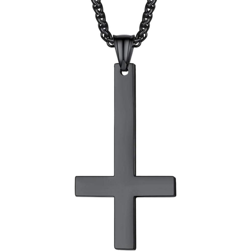 imageU7 Inverted Cross Necklace Upside Down Cross Pendant Stainless Steel Jewelry Devil Necklaces Baphomet Goat Head Pendant for Men WomenBUpside down crossblack