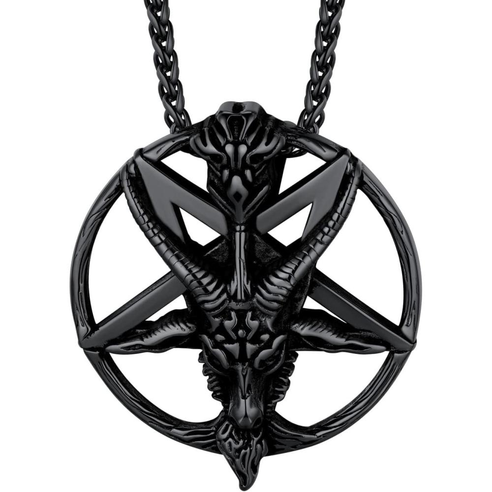 imageU7 Inverted Cross Necklace Upside Down Cross Pendant Stainless Steel Jewelry Devil Necklaces Baphomet Goat Head Pendant for Men WomenBaphometBlack
