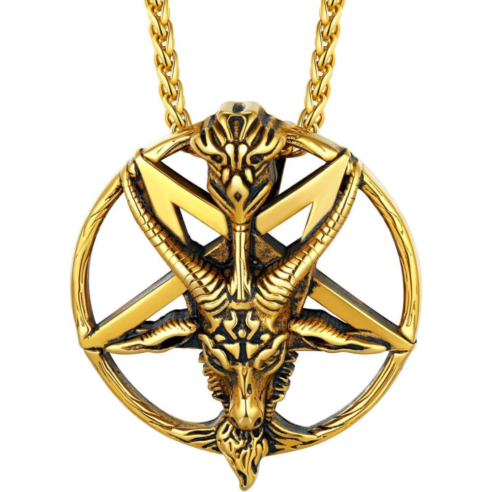 imageU7 Inverted Cross Necklace Upside Down Cross Pendant Stainless Steel Jewelry Devil Necklaces Baphomet Goat Head Pendant for Men WomenBaphometGold