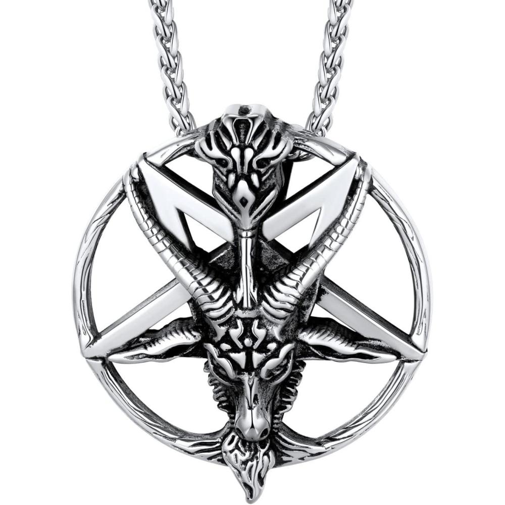 imageU7 Inverted Cross Necklace Upside Down Cross Pendant Stainless Steel Jewelry Devil Necklaces Baphomet Goat Head Pendant for Men WomenBaphometSilver