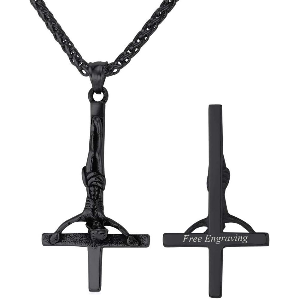 imageU7 Inverted Cross Necklace Upside Down Cross Pendant Stainless Steel Jewelry Devil Necklaces Baphomet Goat Head Pendant for Men WomenInverted crucifix crossblackcustomized