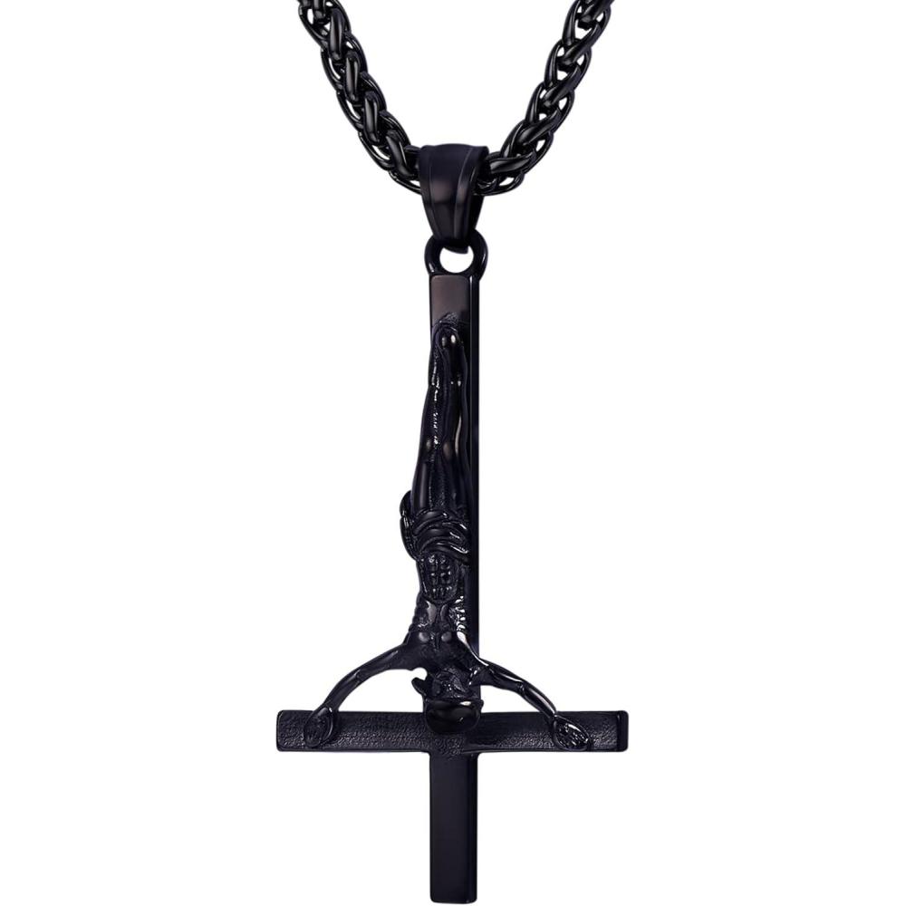 imageU7 Inverted Cross Necklace Upside Down Cross Pendant Stainless Steel Jewelry Devil Necklaces Baphomet Goat Head Pendant for Men WomenInverted crucifix crossblack
