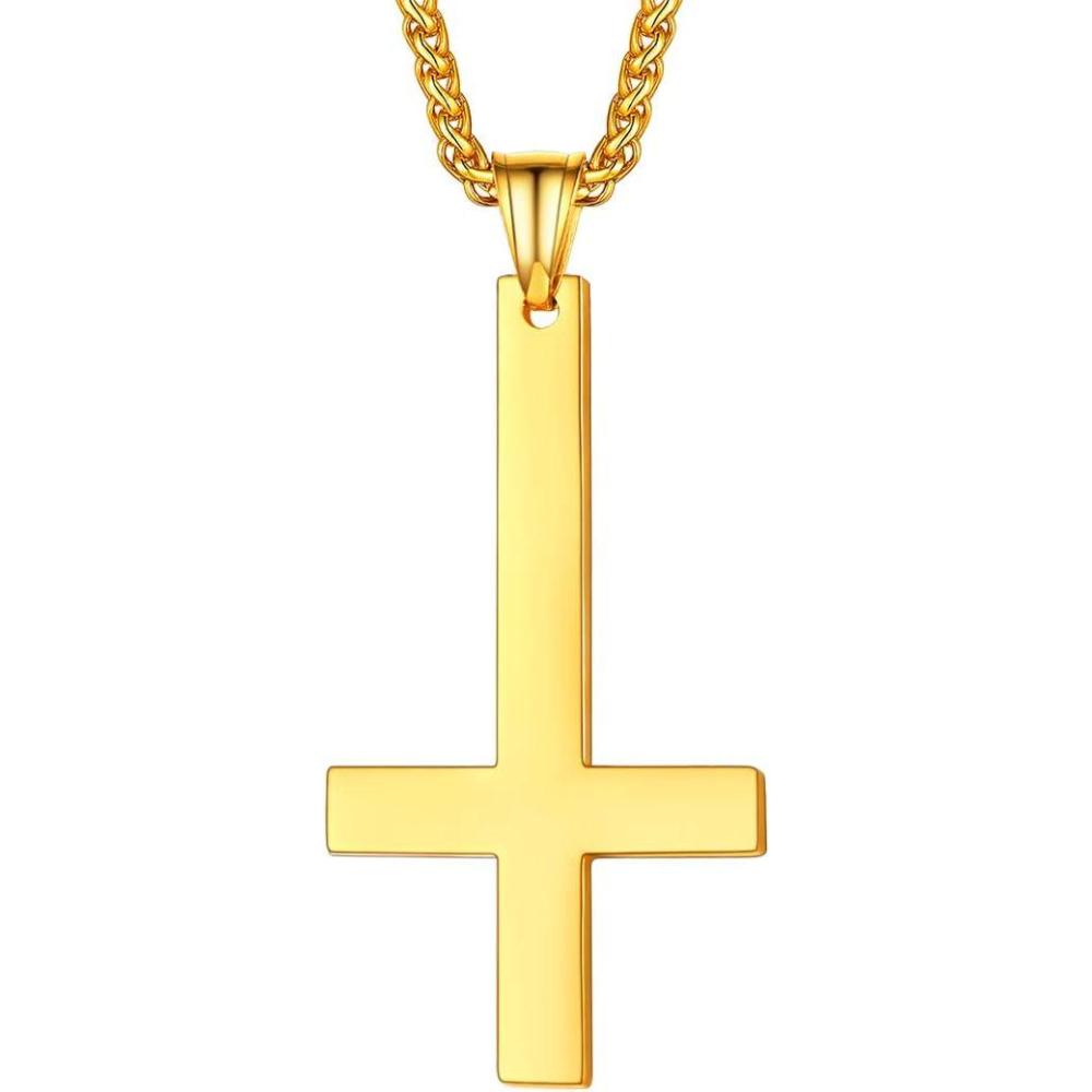 imageU7 Inverted Cross Necklace Upside Down Cross Pendant Stainless Steel Jewelry Devil Necklaces Baphomet Goat Head Pendant for Men WomenUpside down crossgoldcustomized