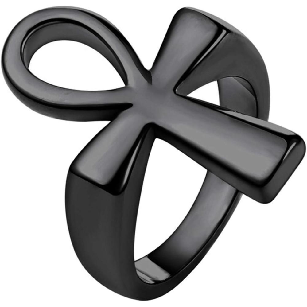 imageU7 Jewelry Ankh Rings Ancient Egyptian Eye of Ra Horus Ring Stainless SteelGold PlatedBlack Color Egypt Symbol Rings for Men Women02Ankh CrossBlack