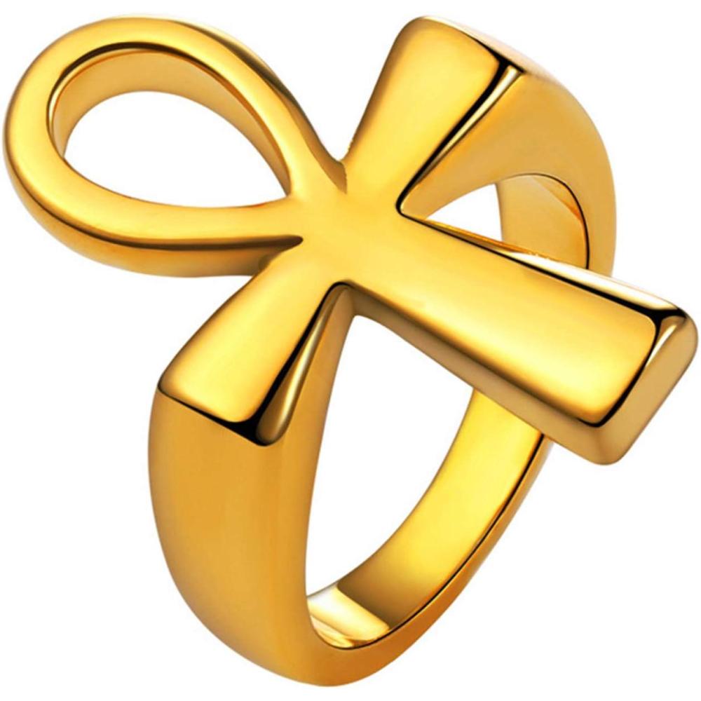 imageU7 Jewelry Ankh Rings Ancient Egyptian Eye of Ra Horus Ring Stainless SteelGold PlatedBlack Color Egypt Symbol Rings for Men Women03Ankh CrossGold