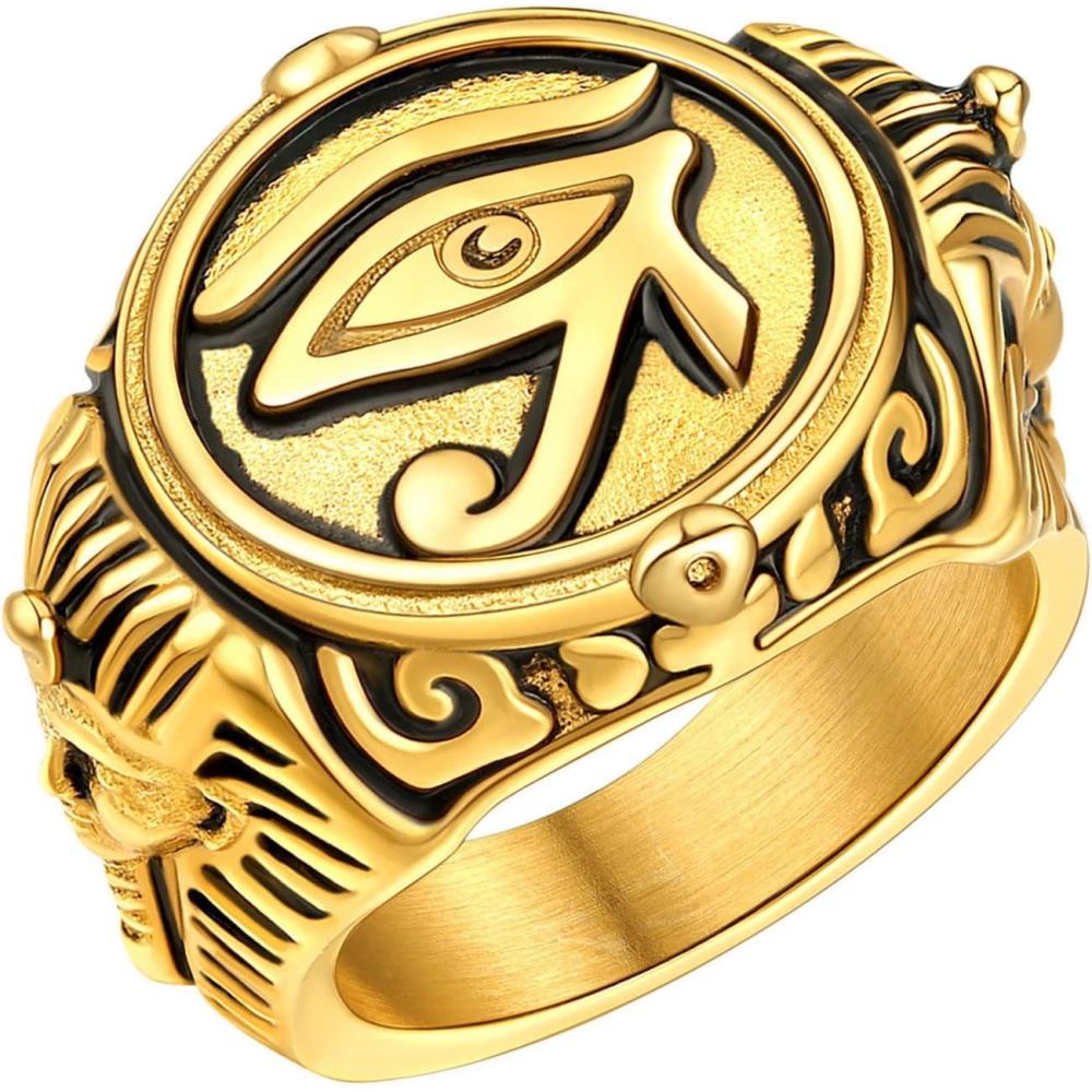 imageU7 Jewelry Ankh Rings Ancient Egyptian Eye of Ra Horus Ring Stainless SteelGold PlatedBlack Color Egypt Symbol Rings for Men Women05Eye of RaGold