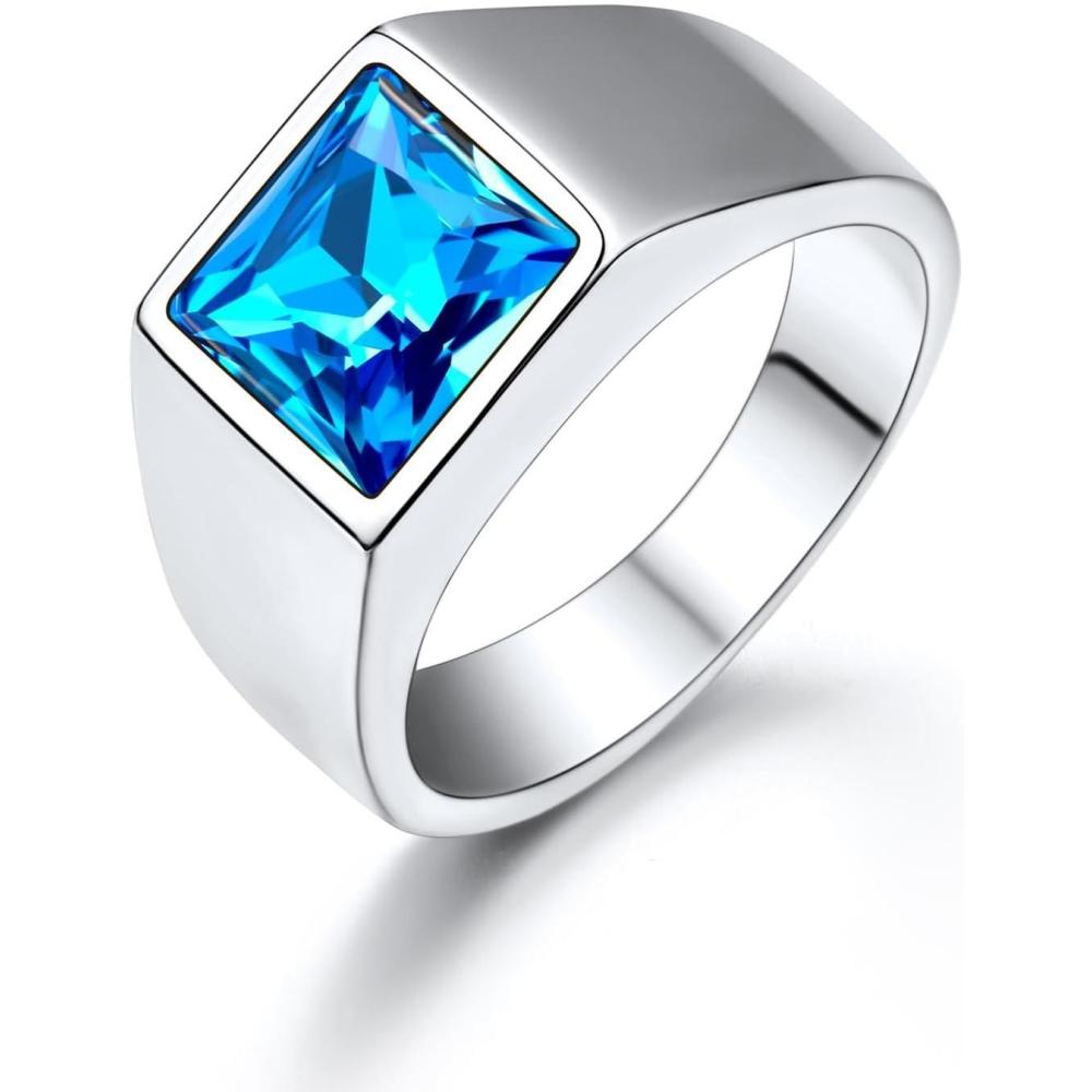 imageU7 Jewelry Fashion Black OnyxBlue Gemstone Ring for Men Women Stainless Steel Square Signet Rings Thumb Ring Band for Dad Father Gothic Skull Rings with Birthstone Size 714 Anillos De Hombre8mm Blue StoneStainless Steel