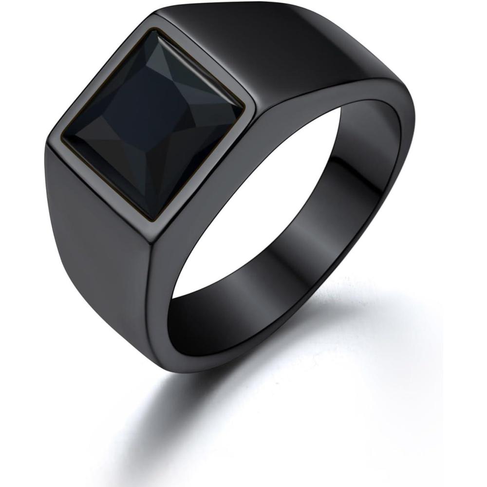imageU7 Jewelry Fashion Black OnyxBlue Gemstone Ring for Men Women Stainless Steel Square Signet Rings Thumb Ring Band for Dad Father Gothic Skull Rings with Birthstone Size 714 Anillos De Hombre8mm Black OnyxBlack