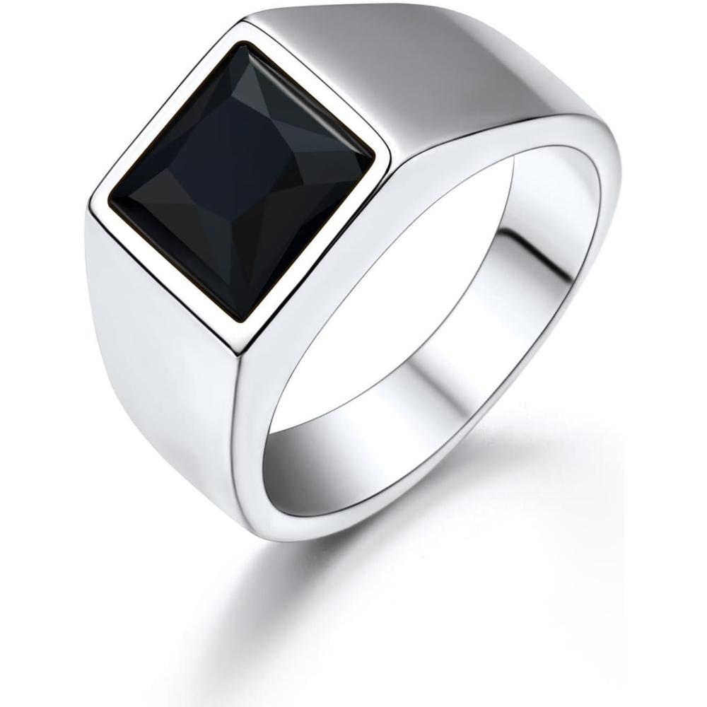imageU7 Jewelry Fashion Black OnyxBlue Gemstone Ring for Men Women Stainless Steel Square Signet Rings Thumb Ring Band for Dad Father Gothic Skull Rings with Birthstone Size 714 Anillos De Hombre8mm Black OnyxStainless Steel