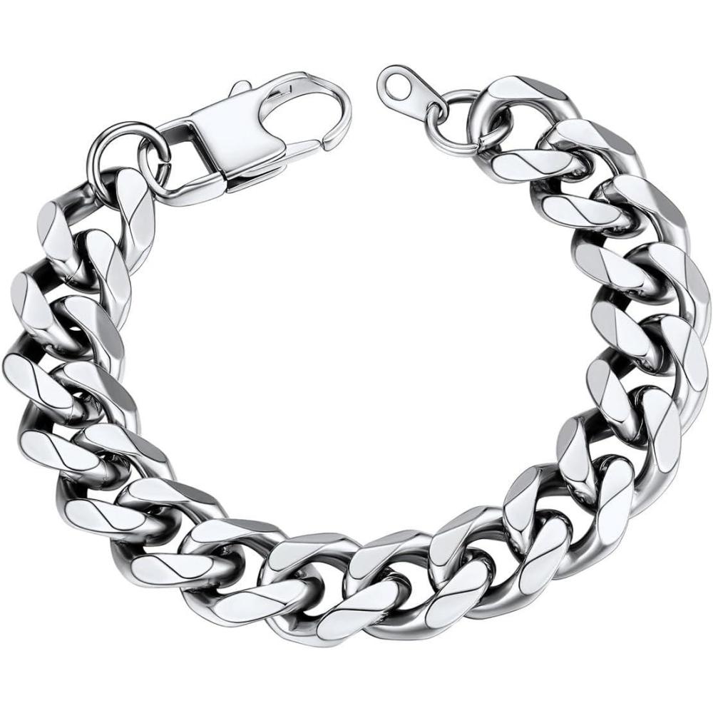 imageU7 Link Bracelets for Men Cuban LinkRopeWatch Band Solid Bracelet Silver Black Gold Color Wrist Bracelet 3691215mm Width 657583 Inch Length Hand Chain Jewelry for Mens Womenc Cuban 12mmSilver