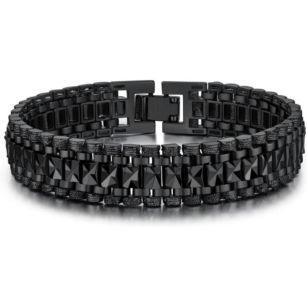 imageU7 Link Bracelets for Men Cuban LinkRopeWatch Band Solid Bracelet Silver Black Gold Color Wrist Bracelet 3691215mm Width 657583 Inch Length Hand Chain Jewelry for Mens Womena Solid 12mmBlack