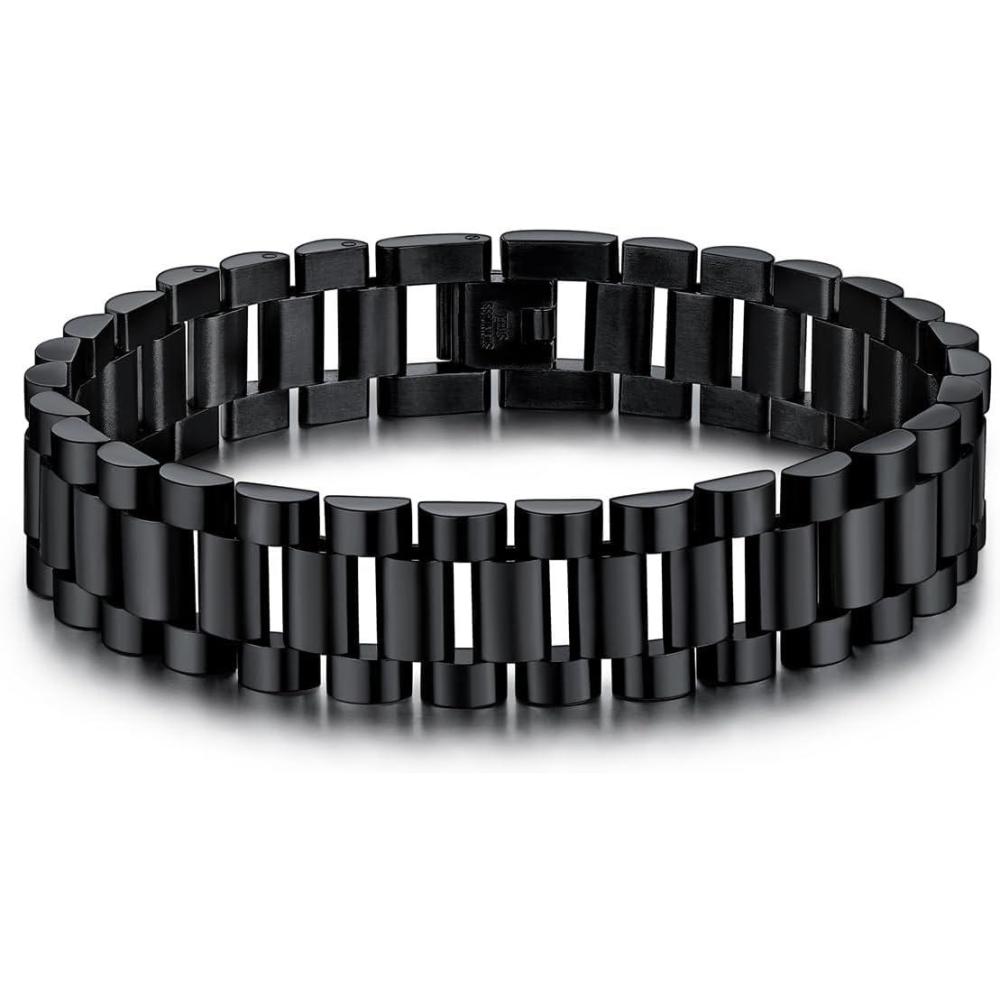 imageU7 Link Bracelets for Men Cuban LinkRopeWatch Band Solid Bracelet Silver Black Gold Color Wrist Bracelet 3691215mm Width 657583 Inch Length Hand Chain Jewelry for Mens Womenb Band 15mmBlack