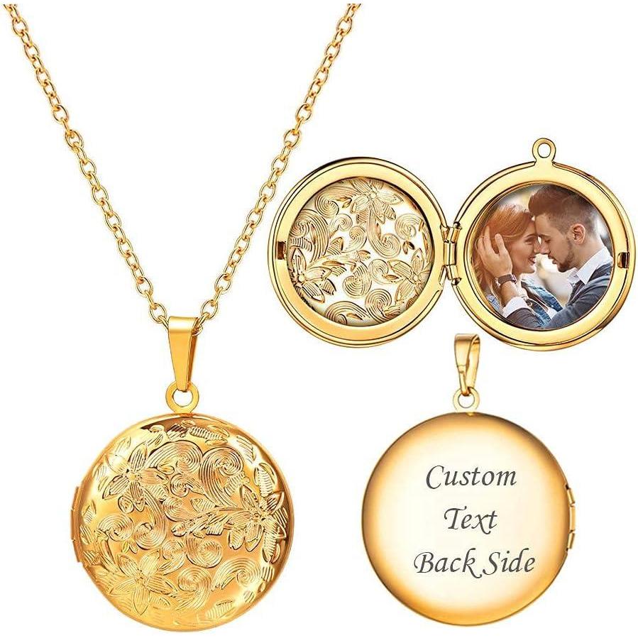 imageU7 Locket Necklace for Women SilverGoldRose Gold Custom Photo Text Necklaces Flower HeartRound Shape Personalized Picture Pendant Necklace 18 Inch02Gold Round Locket