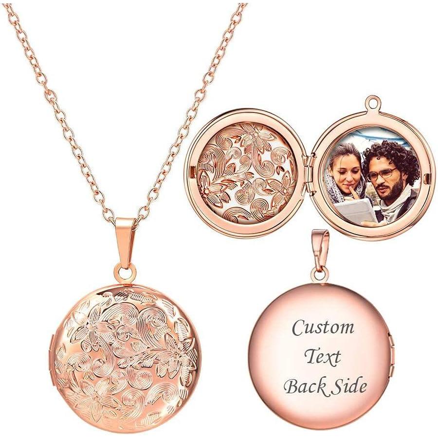 imageU7 Locket Necklace for Women SilverGoldRose Gold Custom Photo Text Necklaces Flower HeartRound Shape Personalized Picture Pendant Necklace 18 Inch02Rose Gold Round Locket
