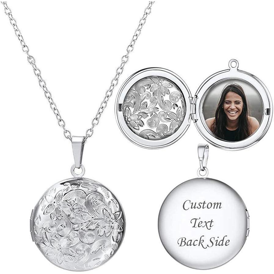 imageU7 Locket Necklace for Women SilverGoldRose Gold Custom Photo Text Necklaces Flower HeartRound Shape Personalized Picture Pendant Necklace 18 Inch02Stainless Round Locket