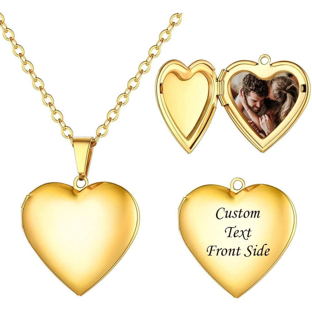 imageU7 Locket Necklace for Women SilverGoldRose Gold Custom Photo Text Necklaces Flower HeartRound Shape Personalized Picture Pendant Necklace 18 Inch03Polished Gold