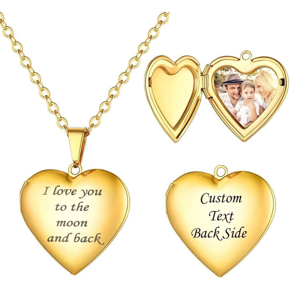 imageU7 Locket Necklace for Women SilverGoldRose Gold Custom Photo Text Necklaces Flower HeartRound Shape Personalized Picture Pendant Necklace 18 Inch04GoldLove You to the Moon