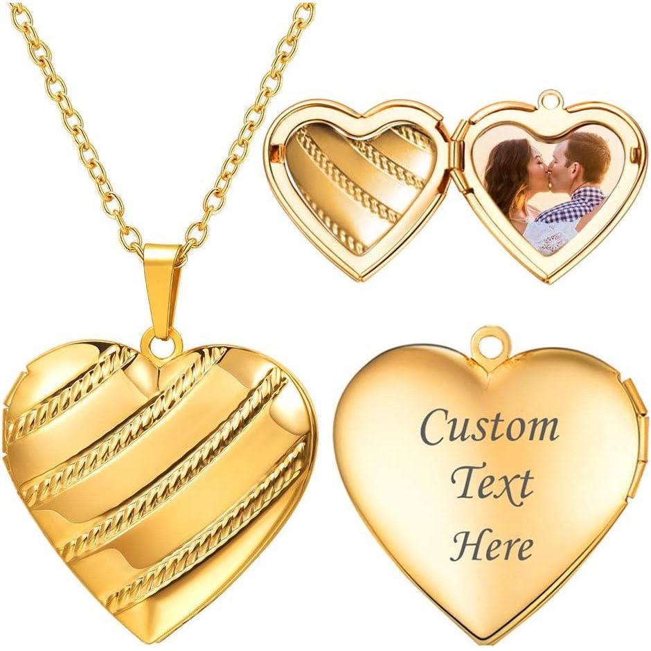 imageU7 Locket Necklace for Women SilverGoldRose Gold Custom Photo Text Necklaces Flower HeartRound Shape Personalized Picture Pendant Necklace 18 Inch05Gold Stripe