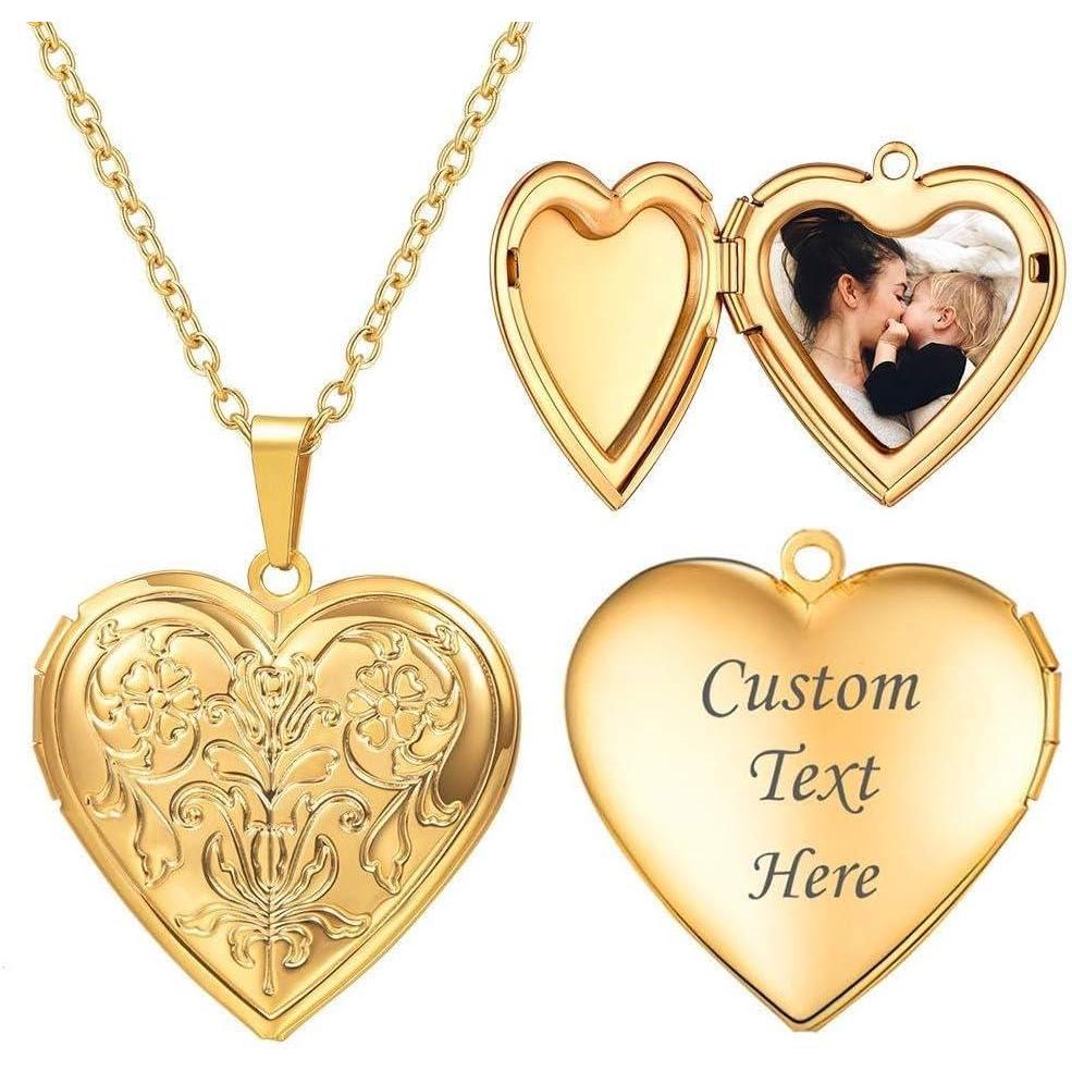 imageU7 Locket Necklace for Women SilverGoldRose Gold Custom Photo Text Necklaces Flower HeartRound Shape Personalized Picture Pendant Necklace 18 Inch06Gold Flower