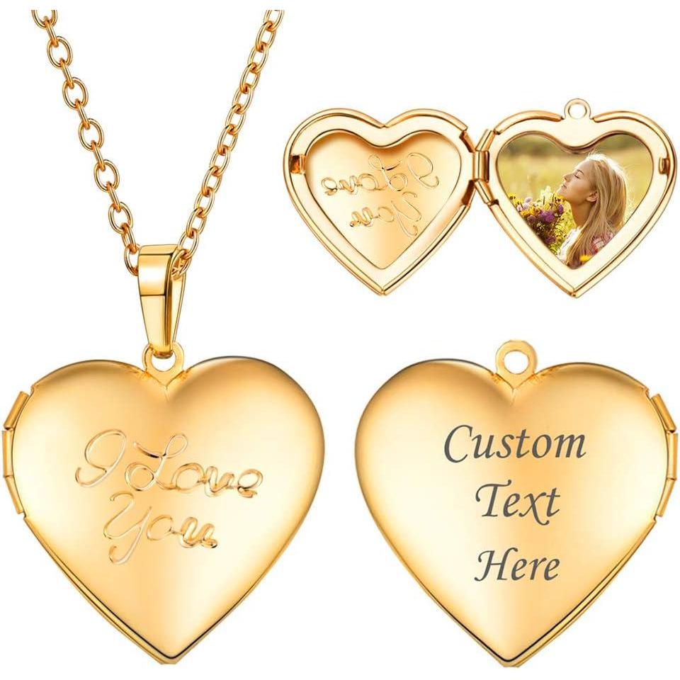 imageU7 Locket Necklace for Women SilverGoldRose Gold Custom Photo Text Necklaces Flower HeartRound Shape Personalized Picture Pendant Necklace 18 Inch08Gold I Love You
