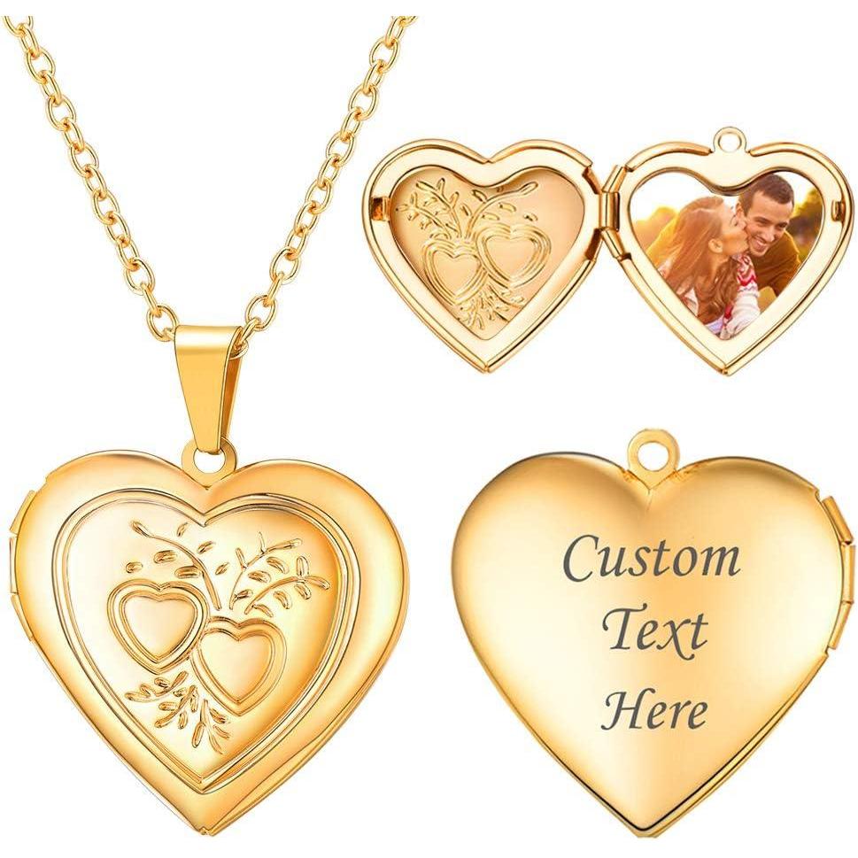 imageU7 Locket Necklace for Women SilverGoldRose Gold Custom Photo Text Necklaces Flower HeartRound Shape Personalized Picture Pendant Necklace 18 Inch09Gold Double Heart
