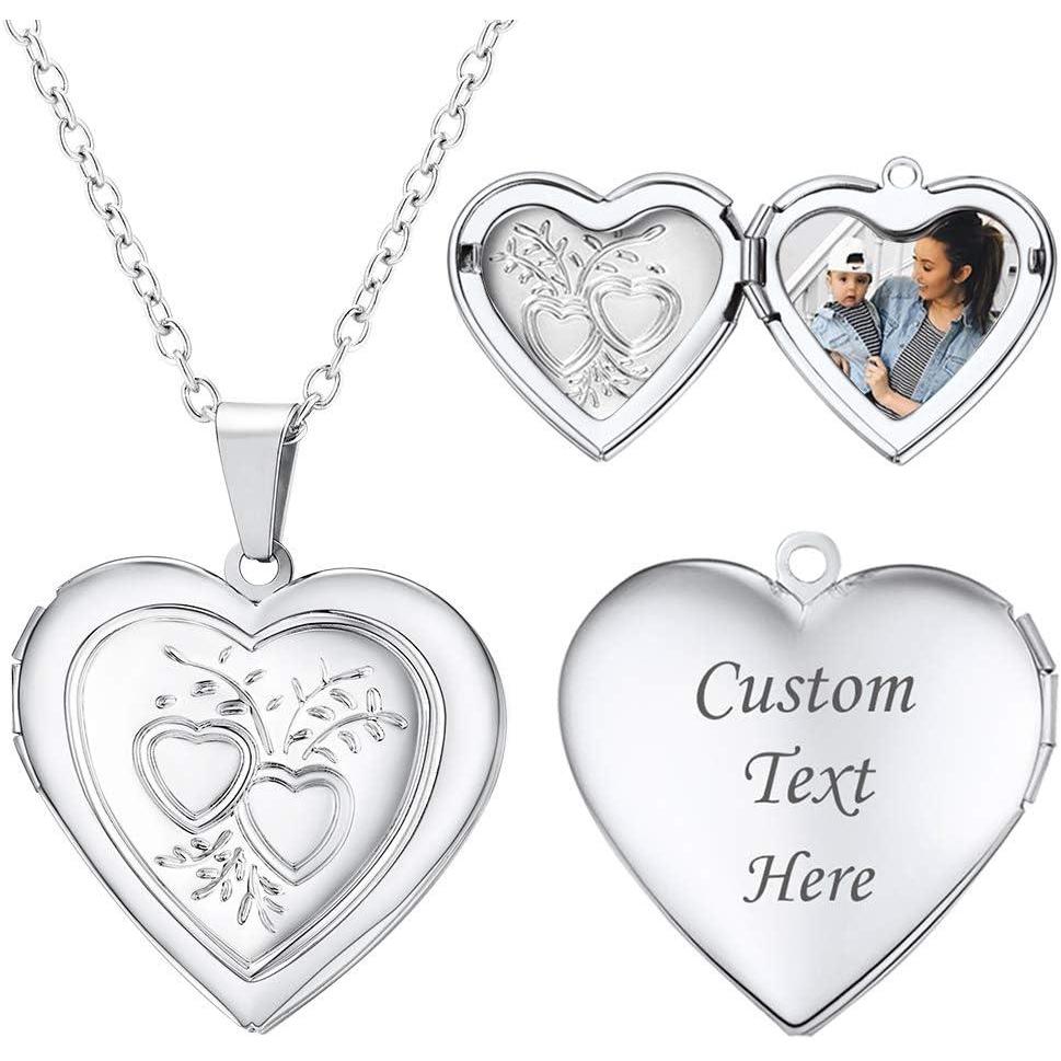 imageU7 Locket Necklace for Women SilverGoldRose Gold Custom Photo Text Necklaces Flower HeartRound Shape Personalized Picture Pendant Necklace 18 Inch09Platinum Double Heart