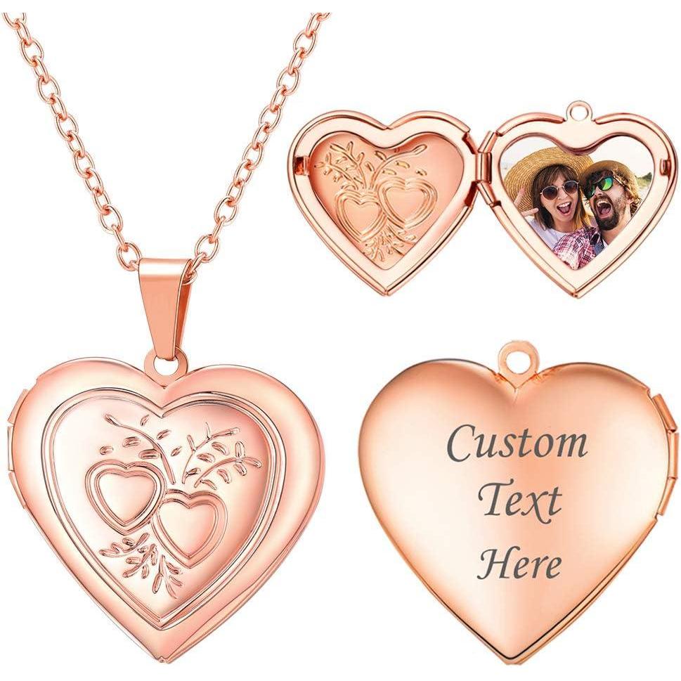 imageU7 Locket Necklace for Women SilverGoldRose Gold Custom Photo Text Necklaces Flower HeartRound Shape Personalized Picture Pendant Necklace 18 Inch09Rose Gold Double Heart