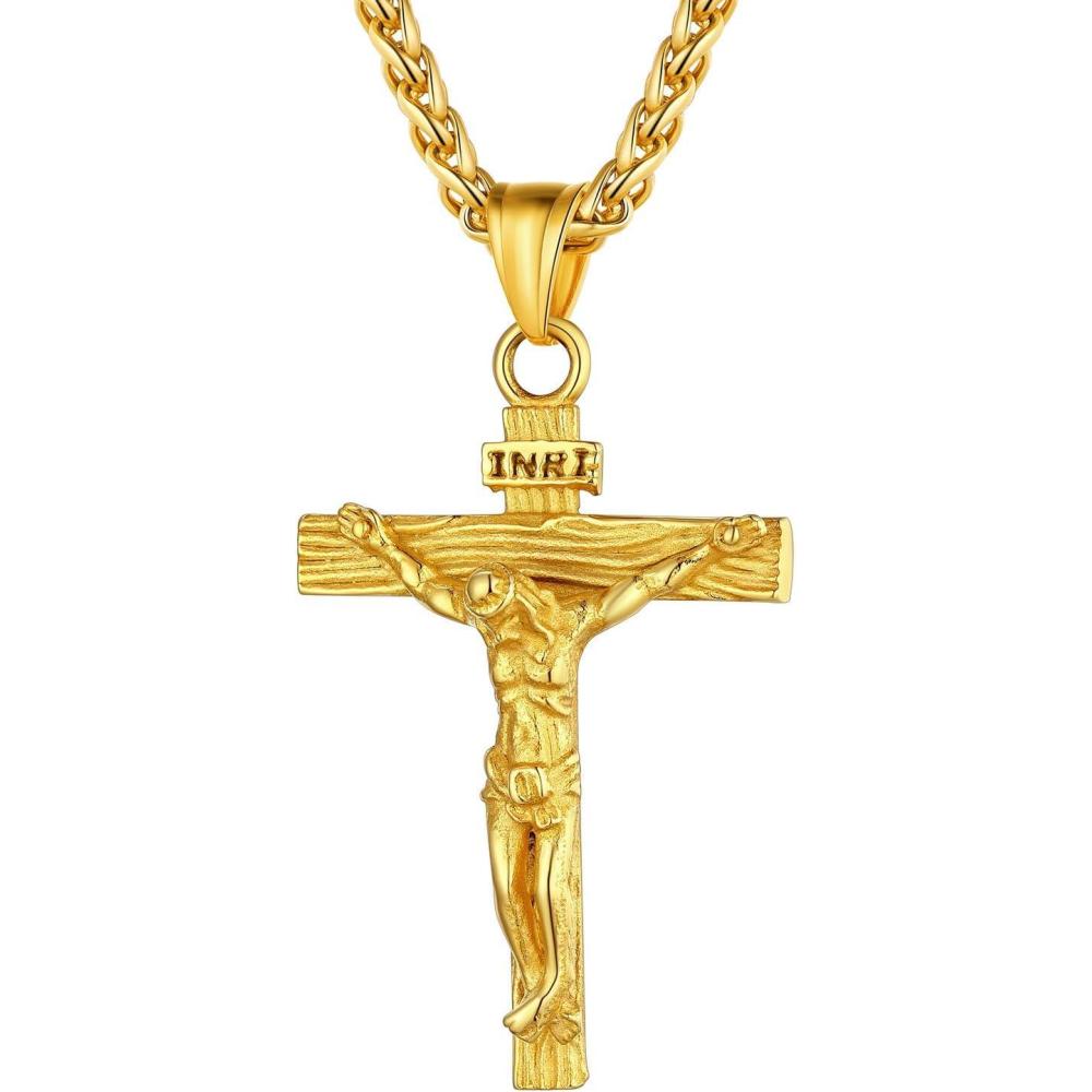 imageU7 Men Crucifix Cross Pendant with Chain Baptism Christian Jewelry Stainless Steel18K Gold Antique Jesus Necklace Gift PackedLength 22quot01 Gold