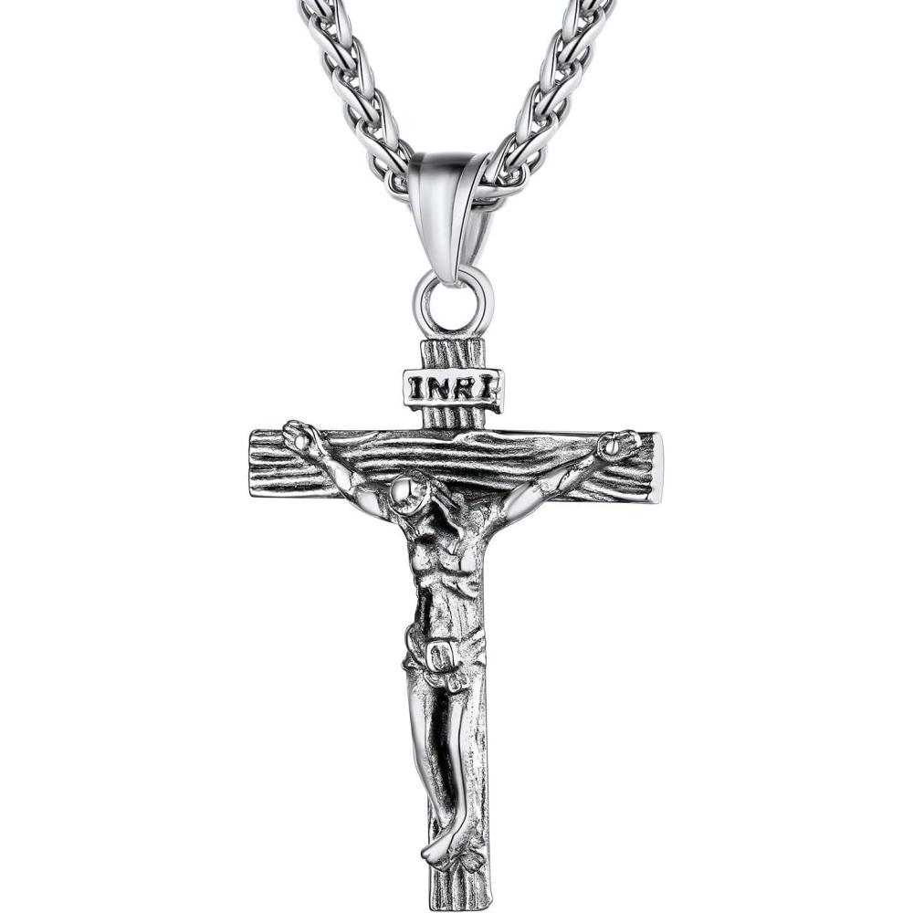 imageU7 Men Crucifix Cross Pendant with Chain Baptism Christian Jewelry Stainless Steel18K Gold Antique Jesus Necklace Gift PackedLength 22quot02 Stainless