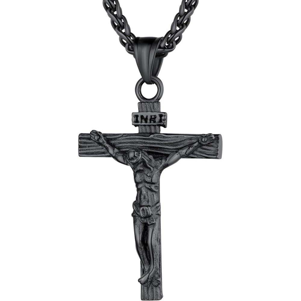 imageU7 Men Crucifix Cross Pendant with Chain Baptism Christian Jewelry Stainless Steel18K Gold Antique Jesus Necklace Gift PackedLength 22quot03 Black