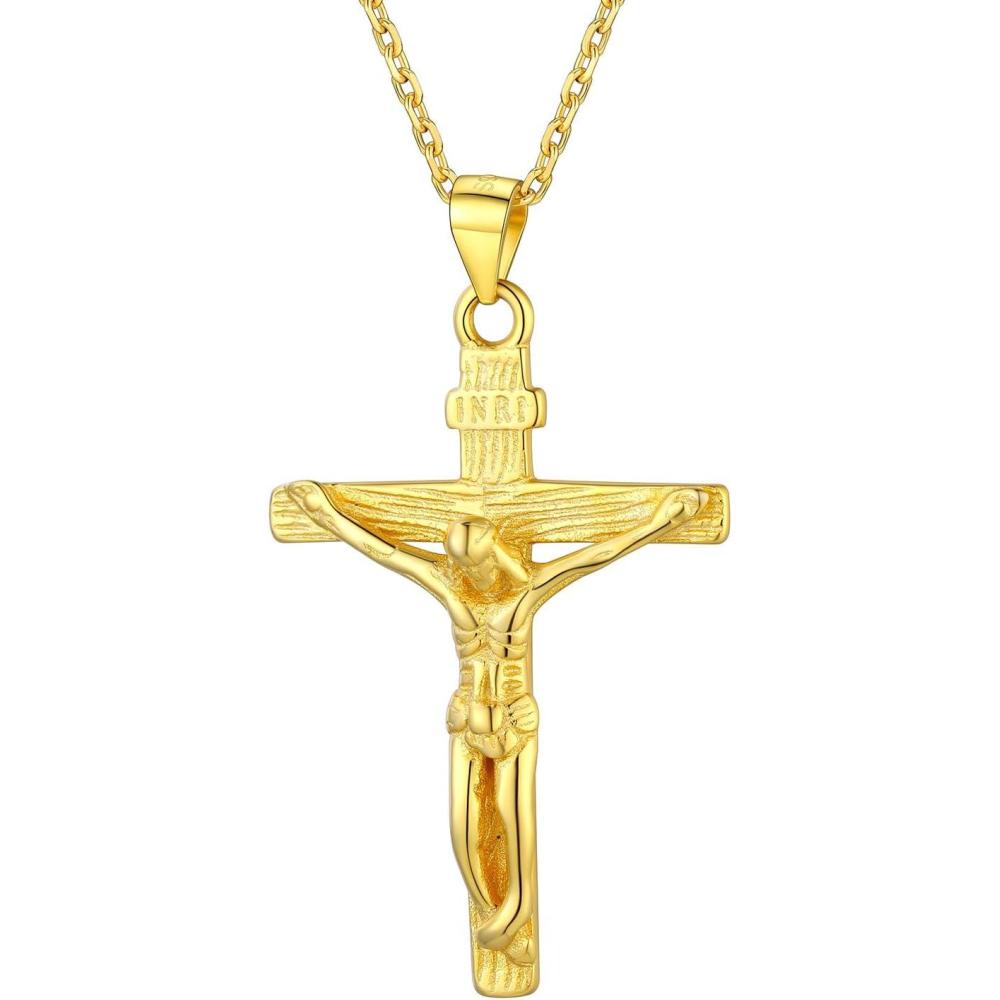 imageU7 Men Crucifix Cross Pendant with Chain Baptism Christian Jewelry Stainless Steel18K Gold Antique Jesus Necklace Gift PackedLength 22quot06 Gold Sterling Silver