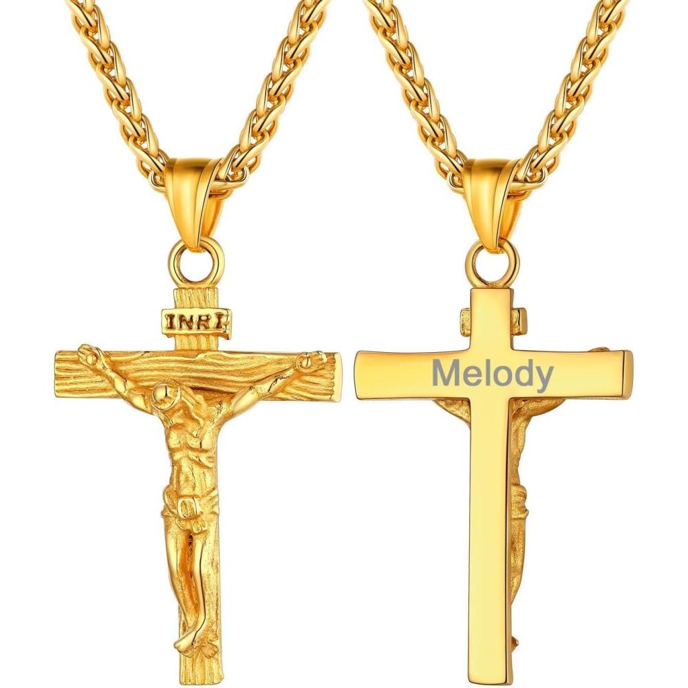 imageU7 Men Crucifix Cross Pendant with Chain Baptism Christian Jewelry Stainless Steel18K Gold Antique Jesus Necklace Gift PackedLength 22quot07 Gold Custom