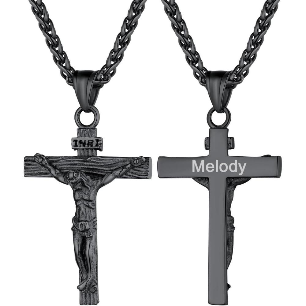 imageU7 Men Crucifix Cross Pendant with Chain Baptism Christian Jewelry Stainless Steel18K Gold Antique Jesus Necklace Gift PackedLength 22quot09 Black Custom