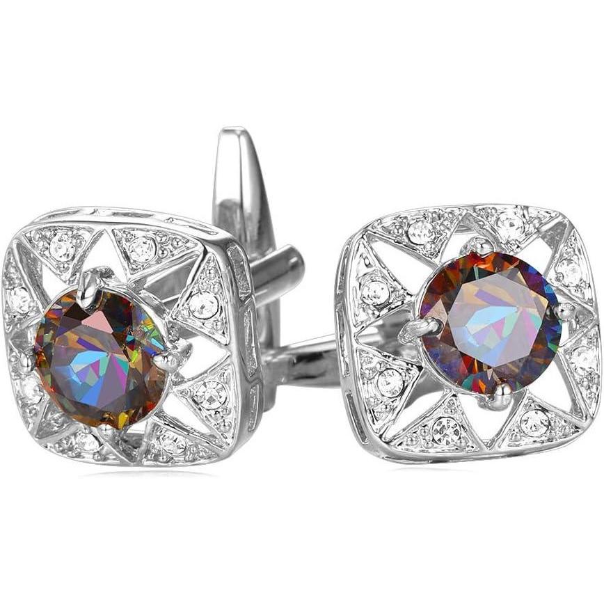 imageU7 Men Cufflinks for Wedding Christmas Business Platinum or 18K Gold Plated Crystal Fancy Stone Cuff Links Custom Photo CufflinksGift PackedRainbow Crystal  Platinum